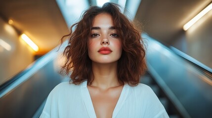 A close-up portrait of a confident young woman with curly hair, exuding self-assurance and style, set against an architectural backdrop, highlighting modern-day beauty.