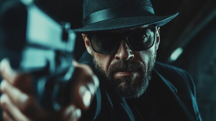 A rugged man in sunglasses and a hat aims a handgun intensely, capturing a moment of action and suspense that evokes feelings of tension and danger in a cinematic style.