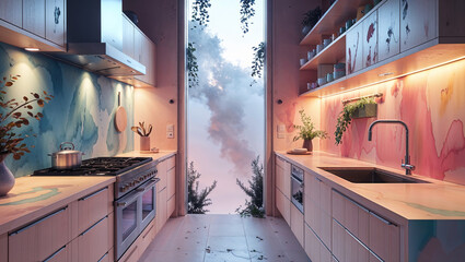 Modern kitchen interior design with sky view and artistic pastel watercolor backsplash