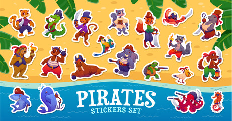 Cartoon animal pirate and corsair characters sticker pack on treasure island beach vector background. Cute shark, whale, hippo and crocodile, elephant, cat and dog animal pirates with hats and swords