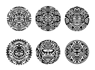 Maori tribal tattoos with polynesian circle pattern of vector sun, hawaiian totem mask and warrior round faces. Polynesian ethnic ornaments of circular geometric motif, maori tribal monochrome tattoos