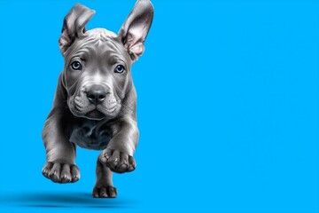 pitbull szczeniak biegnący na niebieskim tle, Młody pies