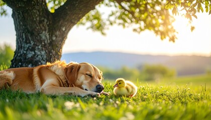 Dog Napping Beside a Duckling Under a Tree in Peaceful Outdoor Setting