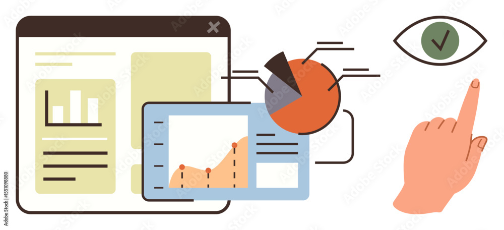 Poster analytical dashboard featuring pie chart, bar graph, line chart, hand pointing at analytics with a c