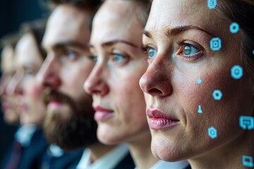 Aesthetic Close-Ups: Faces Overlaid with Digital Icons and Symbols Representing Expertise and Knowledge