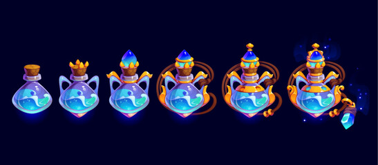 Water power magic rank badge, game level progress stage vector icons. Cartoon magic potion bottles of water power with gems and crystals. Game achievement rank badges, medals or trophy, UI assets set © Vector Tradition