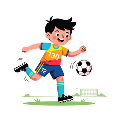 Obraz premium Football Champion: A dynamic illustration of a young boy kicking a soccer ball, set against a clean backdrop, encapsulates the joy and energy of the sport.