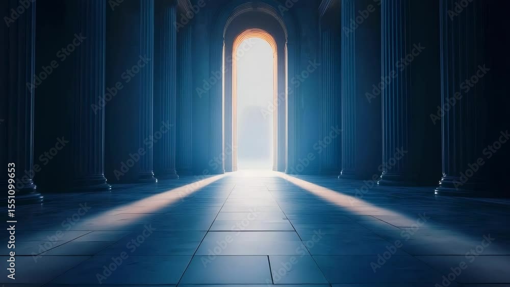 Aufkleber a dimly lit corridor with tall columns leading to a bright archway, creating a sense of depth and my