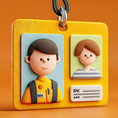 Colorful 3D rendered ID badge with cartoon style portraits, vibrant yellow background, and playful design