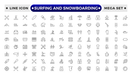 Surfing and Snowboarding Outline Icon Set – Extreme Water and Mountain Sports.