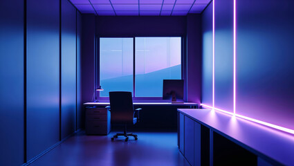 Modern minimalist office interior illuminated by neon lighting and views through the large window