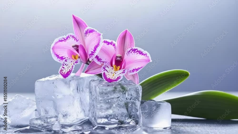 Aufkleber two pink orchids on ice cubes, with a soft background creating a serene and refreshing atmosphere.