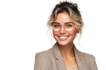 Cheerful young woman with wavy hair and glasses smiling confidently against a neutral background showcasing professional and friendly demeanor