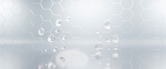 Clean panoramic background with abstract molecule grid and soft lighting. Ideal for skincare, cosmetic branding, biotech visuals, and medical or wellness presentations.