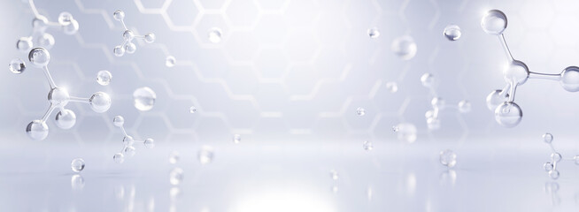 Clean panoramic background with abstract molecule grid and soft lighting. Ideal for skincare, cosmetic branding, biotech visuals, and medical or wellness presentations.