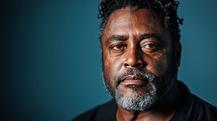 A close-up portrait of a thoughtful middle-aged man captures a deep intensity and wisdom in his eyes, showcasing a range of human emotions and experiences.