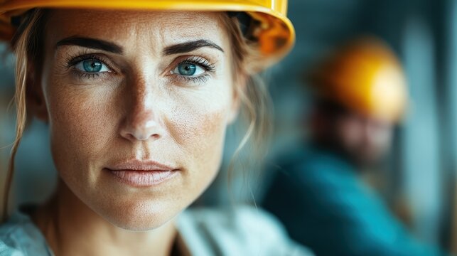 A strong portrait of a female worker wearing a hard hat, portraying determination and professionalism as she stands in a construction environment with confidence.
