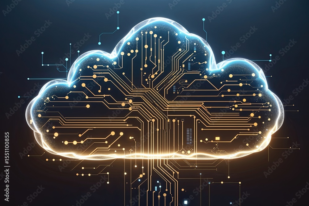 Poster cloud design blending circuit patterns to illustrate data connectivity and technology integration