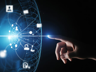 Human finger touching a glowing digital network globe with icons representing data and connections