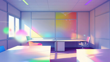 Modern office interior with colorfully lit desks and abstract rainbow light effect