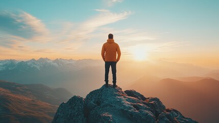 Man Standing on a Mountain Peak, Gazing at the Horizon