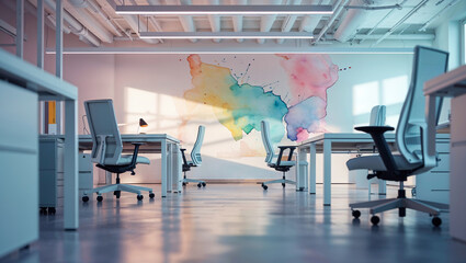 Modern office interior with desks chairs and colorful watercolor art on the wall creative workplace