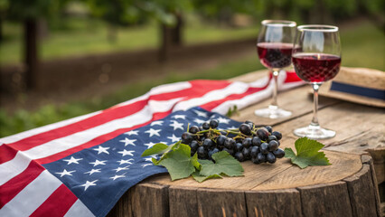 Independence day celebration. American flag grape wine glass outdoor celebration rustic wooden table ,barbecue party outdoor, 4th of july gathering, family patriotic celebrating usa holiday