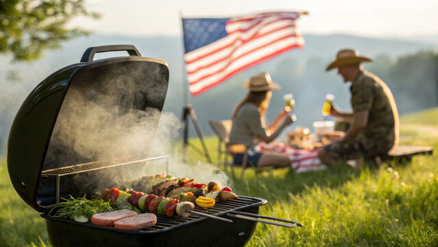 Independence day celebration. Barbecue grill outdoor skewers meat vegetables smoke picnic couple flag ,barbecue party outdoor, 4th of july gathering, family patriotic celebrating usa holiday