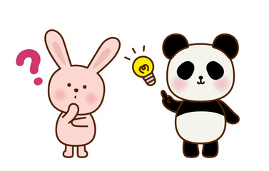考え中のうさぎとひらめきのパンダのイラストセット 