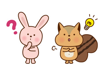 考え中のうさぎとひらめきのリスのイラストセット 
