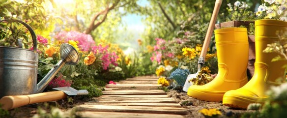 The vibrant garden pathway with yellow boots and gardening tools in sunlight.