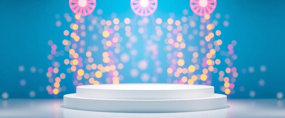 Empty white podium with neon lights and bokeh, on blue background,  modern,  glow