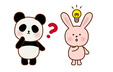考え中のパンダとひらめきのうさぎのイラストセット 