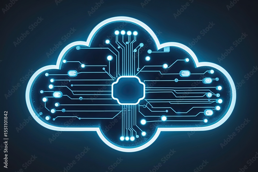 Poster illuminated cloud emblem with electronic circuits symbolizing data exchange and networking technolog