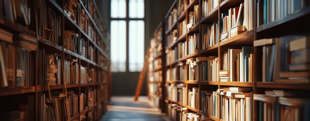 Obraz premium The inviting library filled with shelves of books and warm sunlight.