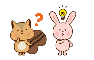 考え中のリスとひらめきのうさぎのイラストセット 