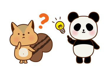 考え中のリスとひらめきのパンダのイラストセット 
