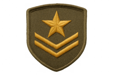 Close-up military sergeant rank insignia with golden star, chevron-adorned green patch, isolated on transparent background