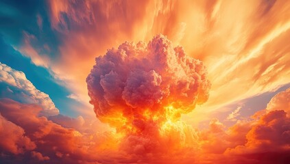 Massive mushroom cloud explosion against vibrant sunset sky