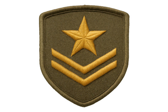 Close-up military sergeant rank insignia with golden star, chevron-adorned green patch, isolated on transparent background
