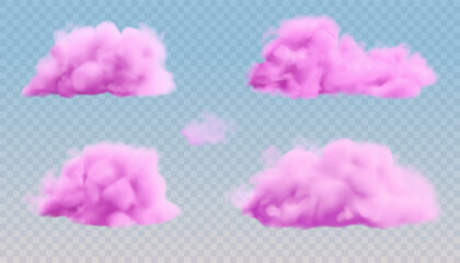 Purple pastel clouds vector set. Realistic pink cotton candy texture. Fluffy soft smoke, fantasy sky background