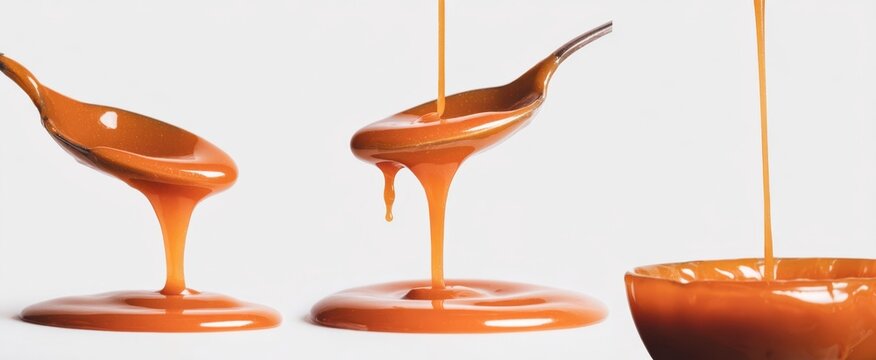 The flowing caramel sauce elegantly drips from a spoon into a bowl.