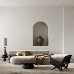 Serene living room with sculptural decor and earthy tones. 3D illustration