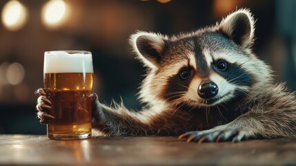 A charming raccoon holds a frothy glass of beer, inviting viewers to appreciate the playful interaction between animals and a relaxed, social atmosphere.