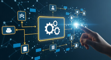Business process automation concept with a human hand touching the gears and icons.