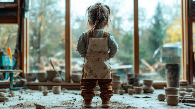 A young child stands in a messy pottery studio, exploring creativity amidst a playful, artistic environment that captures the joy of making and discovery in art.