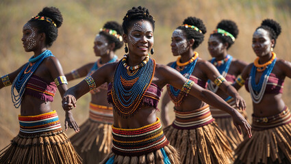 African women in traditional attire dance with grace and expression in a sunny outdoor setting