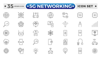 5G networking icons set. Set of communication tower, satellite dish, antenna, 3G, 4G network, wifi access point, pigtail, LTE USB modem, mast, signal, and SIM card. Editable stroke outline icon. 
