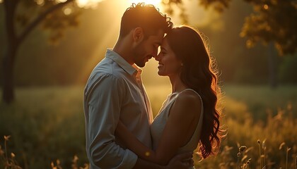 Couple Embracing in Golden Sunlight Field at Sunset