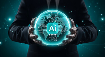 Businessman holding futuristic ai world globe representing artificial intelligence technology